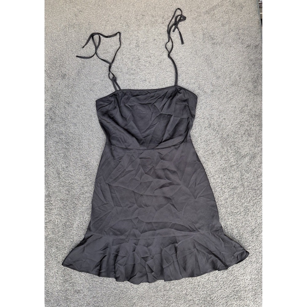 Express Black Tie Shoulder Ruffle Hem Mini Dress Small Smocked Back LBD
